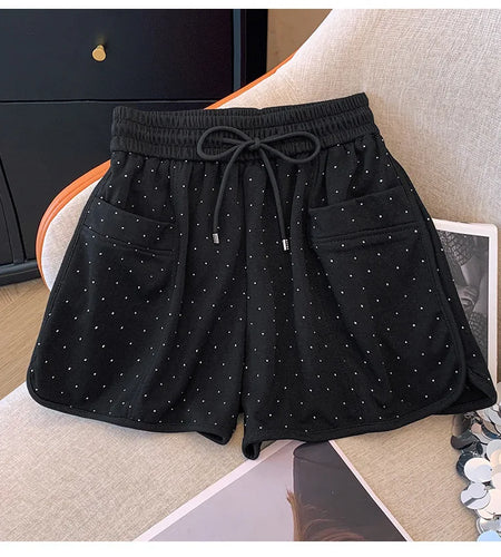 New Black White Diamond Shorts For Women Spring Summer Fashion Elastic Waist Drawstring Lace-up A-line Wide Leg Short Pant