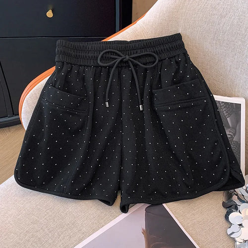 Load image into Gallery viewer, New Black White Diamond Shorts For Women Spring Summer Fashion Elastic Waist Drawstring Lace-up A-line Wide Leg Short Pant
