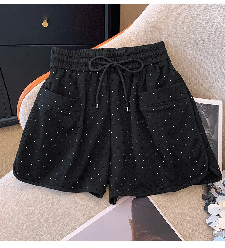 New Black White Diamond Shorts For Women Spring Summer Fashion Elastic Waist Drawstring Lace-up A-line Wide Leg Short Pant