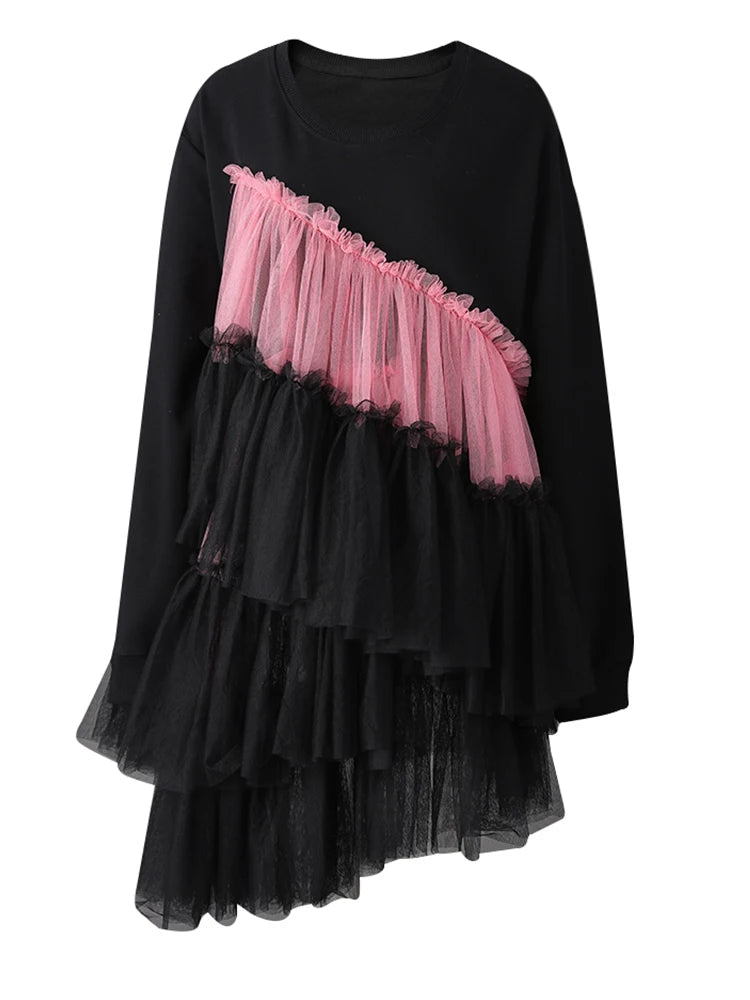 Women Balck Mesh Ruffles Irregular Big Size Mini Dress New Round Neck Long Sleeve Fashion Tide Spring Autumn 2025 CPG3045