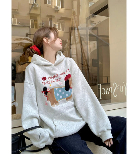 Autumn Winter New Grey Letter Puppy Embroidery Velvet Sweatshirt Thick Korean Women Loose Long Sleeved Vacation Hoodie Tops Chic