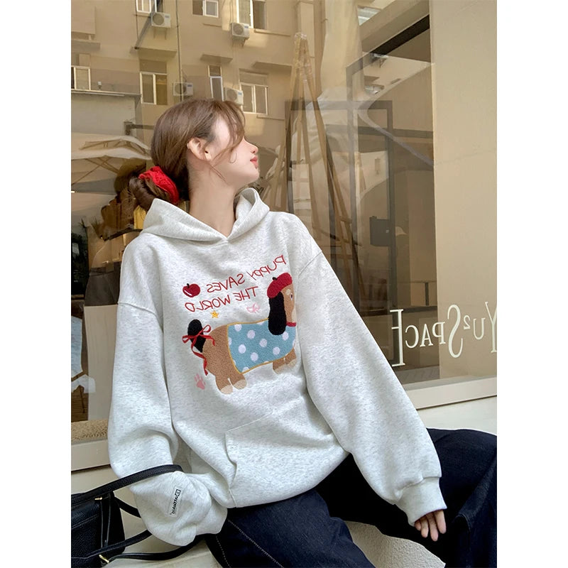Autumn Winter New Grey Letter Puppy Embroidery Velvet Sweatshirt Thick Korean Women Loose Long Sleeved Vacation Hoodie Tops Chic