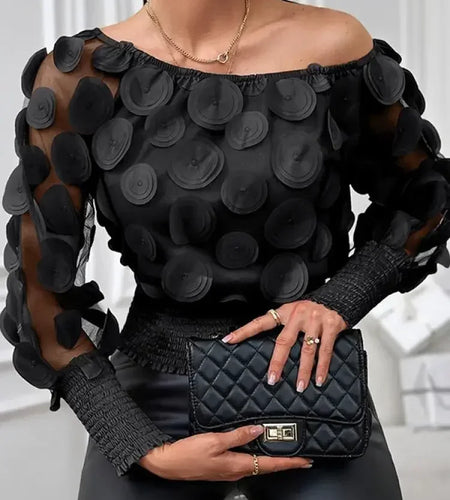 Modigirl Fashion Women Black Blouse T-Shirts 2025 Summer Spring Gauze Appliqued Long Sleeves Streewear Lady See-Through T-Shirts