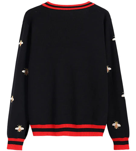 High Quality Fashion Designer Bee Embroidery Cardigan Long Sleeve Single Breasted Contrast Color Button Knitted Sweaters C-068