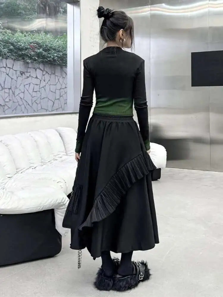 High Elastic Waist Black Irregular Pleated A-line Half-body Casual Skirt Women Fashion Tide New Spring Autumn 2025 1DH3690