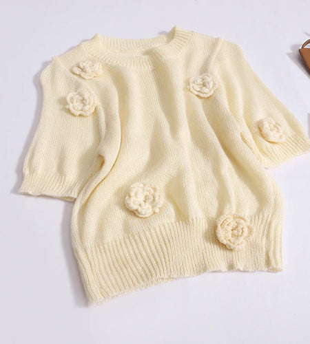 Summer Vintage Sweet Flower Decoration Short Sleeve Knitwear T Shirt Women Elegant Festival Round Neck Vacation Crochet Tops New