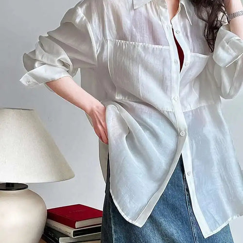 Load image into Gallery viewer, Women Brown Thin Pocket Perspective Big Size Blouse New Lapel Long Sleeve Shirt Fashion Tide Spring Summer 2025 1DH5442
