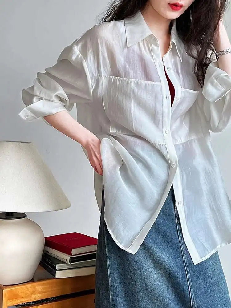 Women Brown Thin Pocket Perspective Big Size Blouse New Lapel Long Sleeve Shirt Fashion Tide Spring Summer 2025 1DH5442