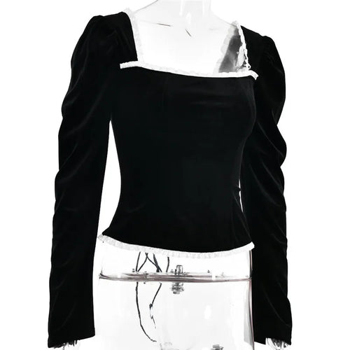 Load image into Gallery viewer, Square Collar Backless Bandage Sexy T-shirt Women Autumn Winter New Black Shoulder Pad Sleeve Skinny Sexy Party Tops
