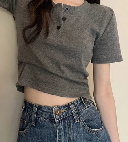 women t-shirt open button short Sleeve Crop Top Ladies Clothing 2024 Solid Basic T Shirt Casual Skinny White Slim Female Tops
