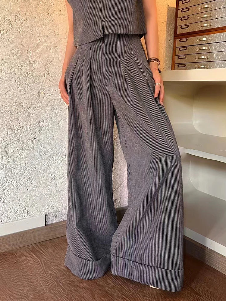 Solid Spliced Folds Pants For Women High Waist Patchwork Pockets Minimalist Casual Wide Leg Pant Female Fashion