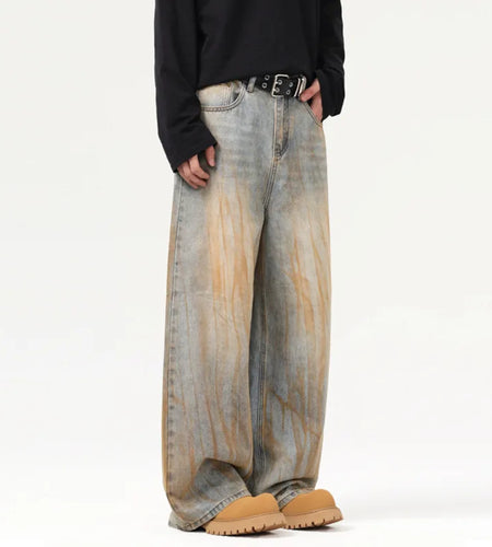 Stylish Men's Jeans American Distressed Baggy Straight Wide Leg Design Tie-dyed Personalized Male Trousers 2025 9W1561