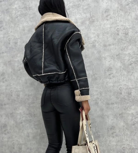 Winter Autumn Lambswool Coat Short Warm Faux Leather Motorcycle Jacket Coat Black Women's Blouse 2023