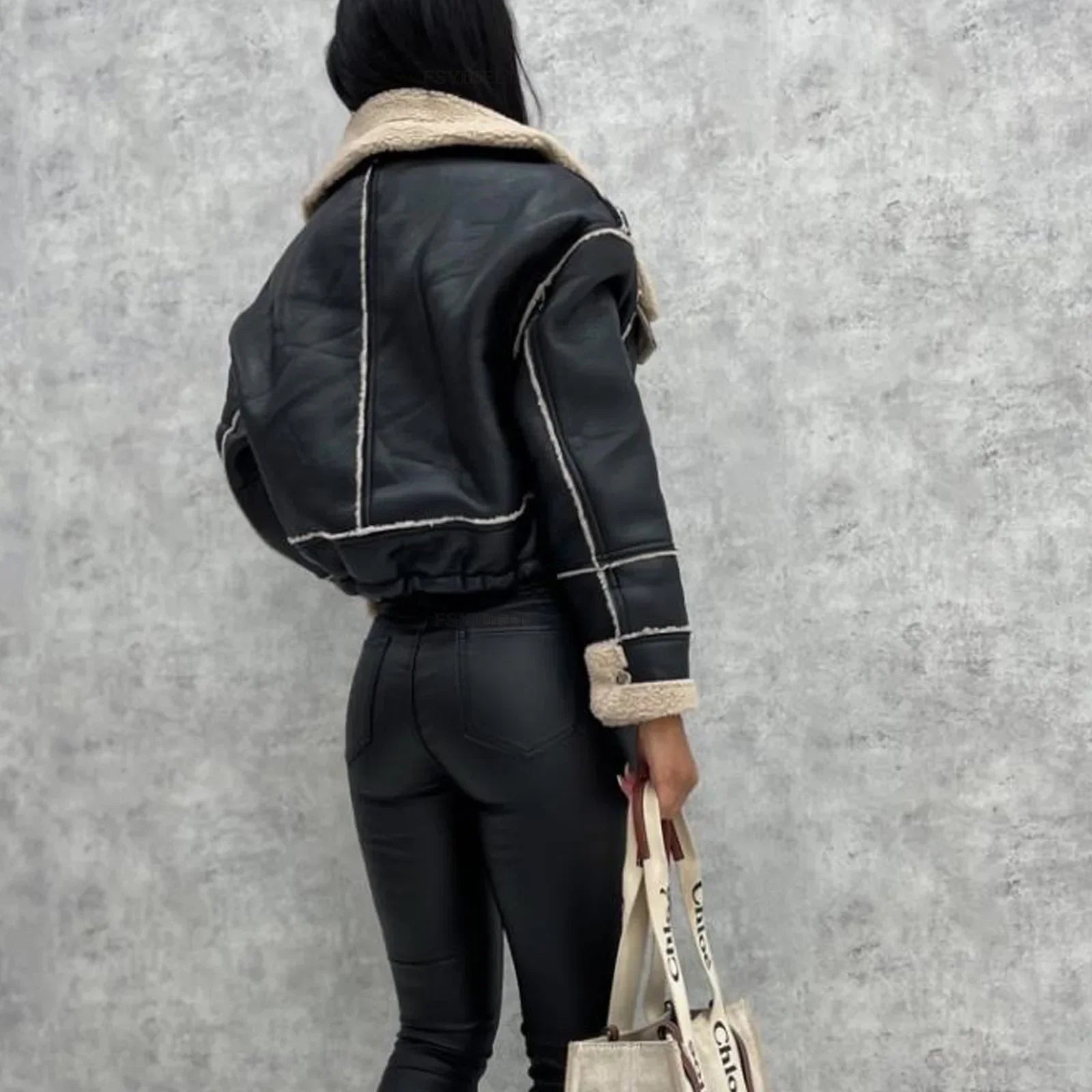Winter Autumn Lambswool Coat Short Warm Faux Leather Motorcycle Jacket Coat Black Women's Blouse 2023
