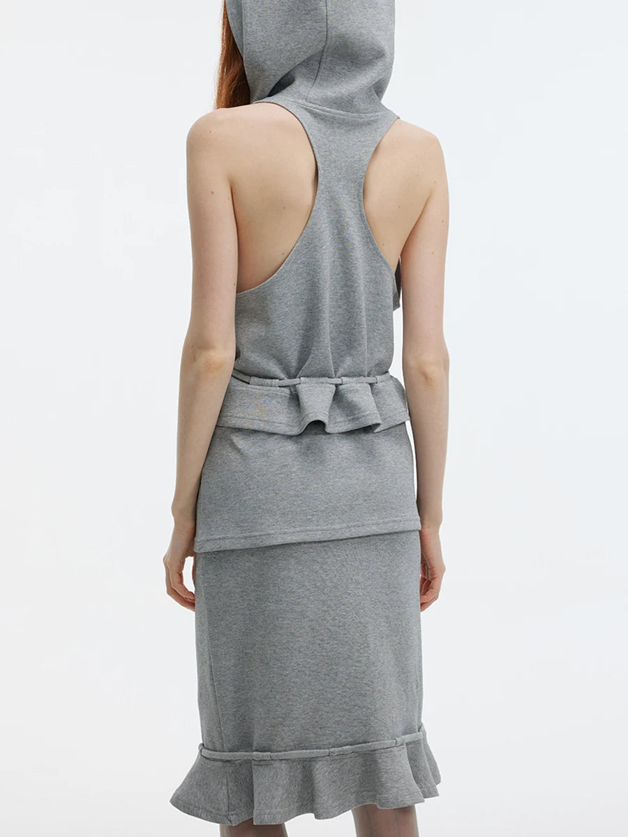 Solid Spliced Lace Up Two Piece Set For Women Hooded Sleeveless Top High Waist Temperament Skirts Female Fashion