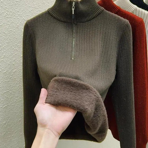 Load image into Gallery viewer, Simplicity 2024 Autumn Winter Solid Velvet Elegant Festival Sweater Korean Fashion Women Long Sleeve Half Zipper Knit Tops Thick
