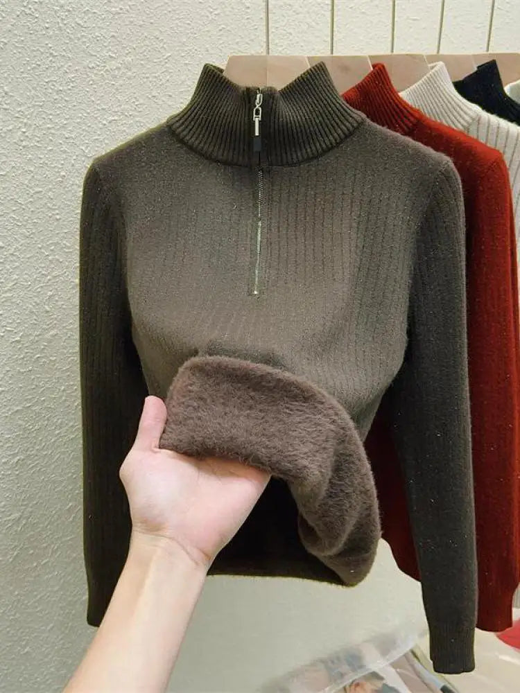 Simplicity 2024 Autumn Winter Solid Velvet Elegant Festival Sweater Korean Fashion Women Long Sleeve Half Zipper Knit Tops Thick