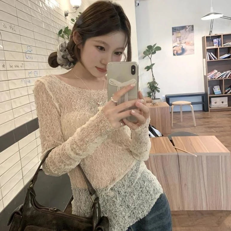 Y2k Aesthetic Hollow Out Crop Top Harajuku Slim Fit Vintage See Through Sexy Diamond T-shirt Summer Streetwear Grunge Fairy Tees