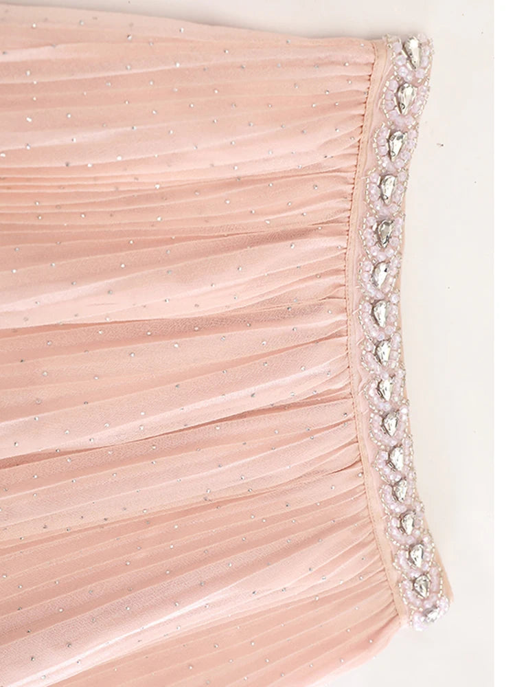 High Elastic Waist Black Pleated Rhinestones Shining Half-body Skirt Women Fashion Tide New Spring Autumn 2025 1DJ1271