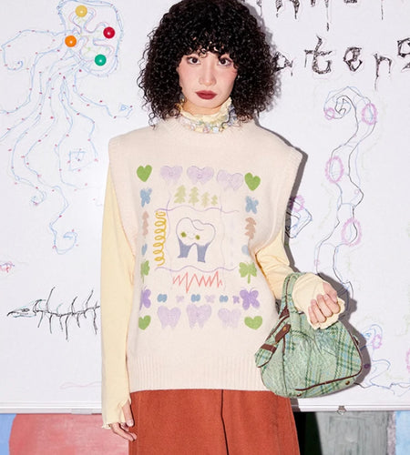 Autumn Grunge Loose Knitted Women's Tanks Casual Cartoon Sleeveless Pullovers Y2k Aesthetic Harajuku Streetwear Sweater Vest