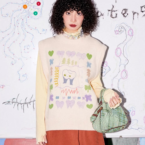 Load image into Gallery viewer, Autumn Grunge Loose Knitted Women's Tanks Casual Cartoon Sleeveless Pullovers Y2k Aesthetic Harajuku Streetwear Sweater Vest
