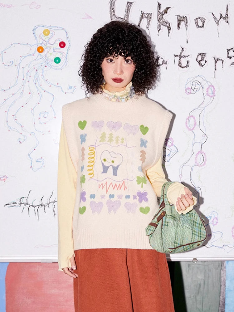 Autumn Grunge Loose Knitted Women's Tanks Casual Cartoon Sleeveless Pullovers Y2k Aesthetic Harajuku Streetwear Sweater Vest