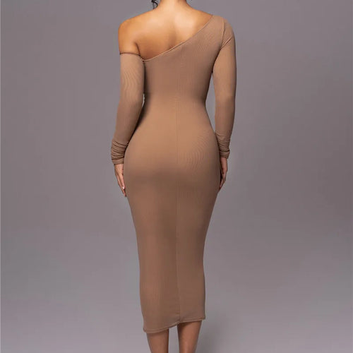 Load image into Gallery viewer, Diagonal Collar Long Sleeve Midi Dress For Women Two Layer Mesh Backless Ruched Bodycon Club Party Sexy Long Dress
