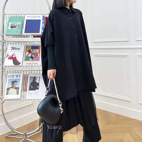 Load image into Gallery viewer, Women Black Irregular Big Size Long Blouse New Lapel Long Sleeve Loose Fit Shirt Fashion Tide Spring Autumn 2025 1DF0333
