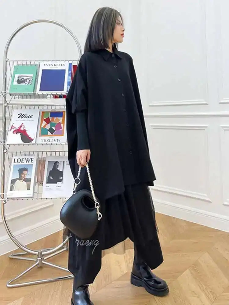 Women Black Irregular Big Size Long Blouse New Lapel Long Sleeve Loose Fit Shirt Fashion Tide Spring Autumn 2025 1DF0333