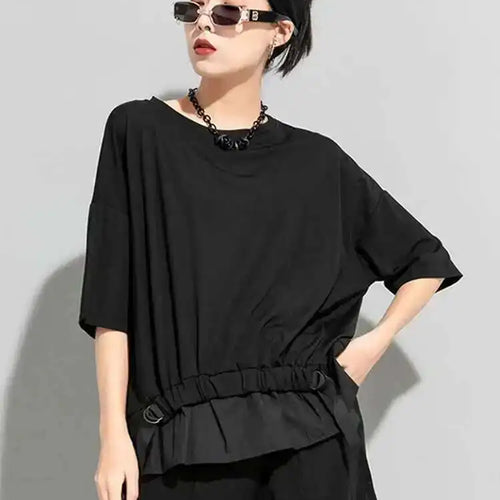 Load image into Gallery viewer, Women Black Irregular Ribbon Big Size T-shirt New Round Neck Half Sleeve  Fashion Tide  Spring Summer 2025 1DD5759
