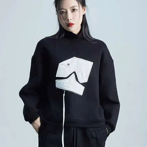 Load image into Gallery viewer, Black Pattern Zipper Thick Sweatshirt New Turtleneck Long Sleeve Women Big Size Fashion Tide Spring Autumn 2025 1DH2585
