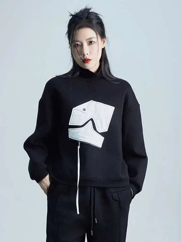 Black Pattern Zipper Thick Sweatshirt New Turtleneck Long Sleeve Women Big Size Fashion Tide Spring Autumn 2025 1DH2585