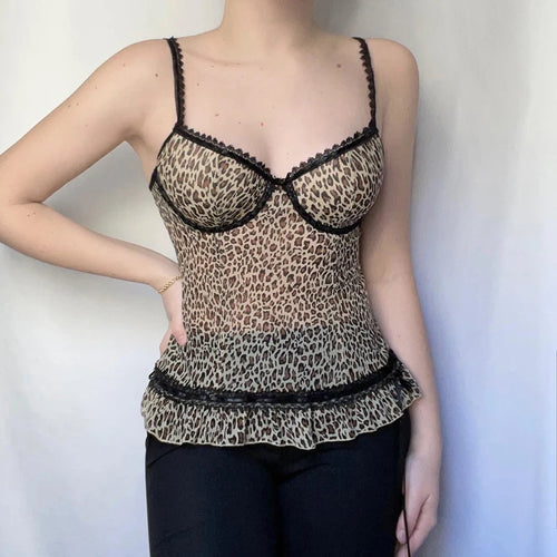 Load image into Gallery viewer, Vintage Fashion Y2K Mesh Top Leopard Lace Spliced Ruffles Transparent Sexy Camisole Tops Summer Women Clubwear Ruched
