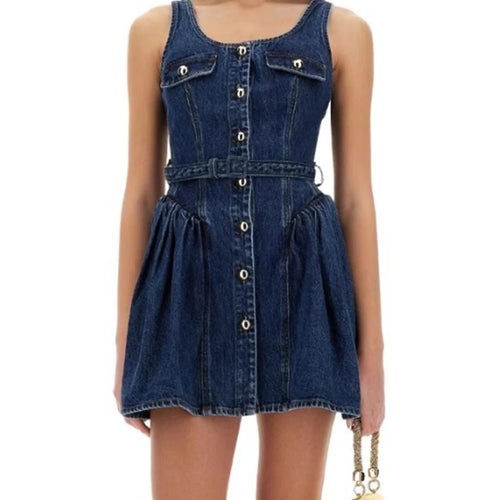 Load image into Gallery viewer, Solid Spliced Button Chic Dresses For Women Square Neck Sleeveless High Waist Temperament Slimming Dress Female New
