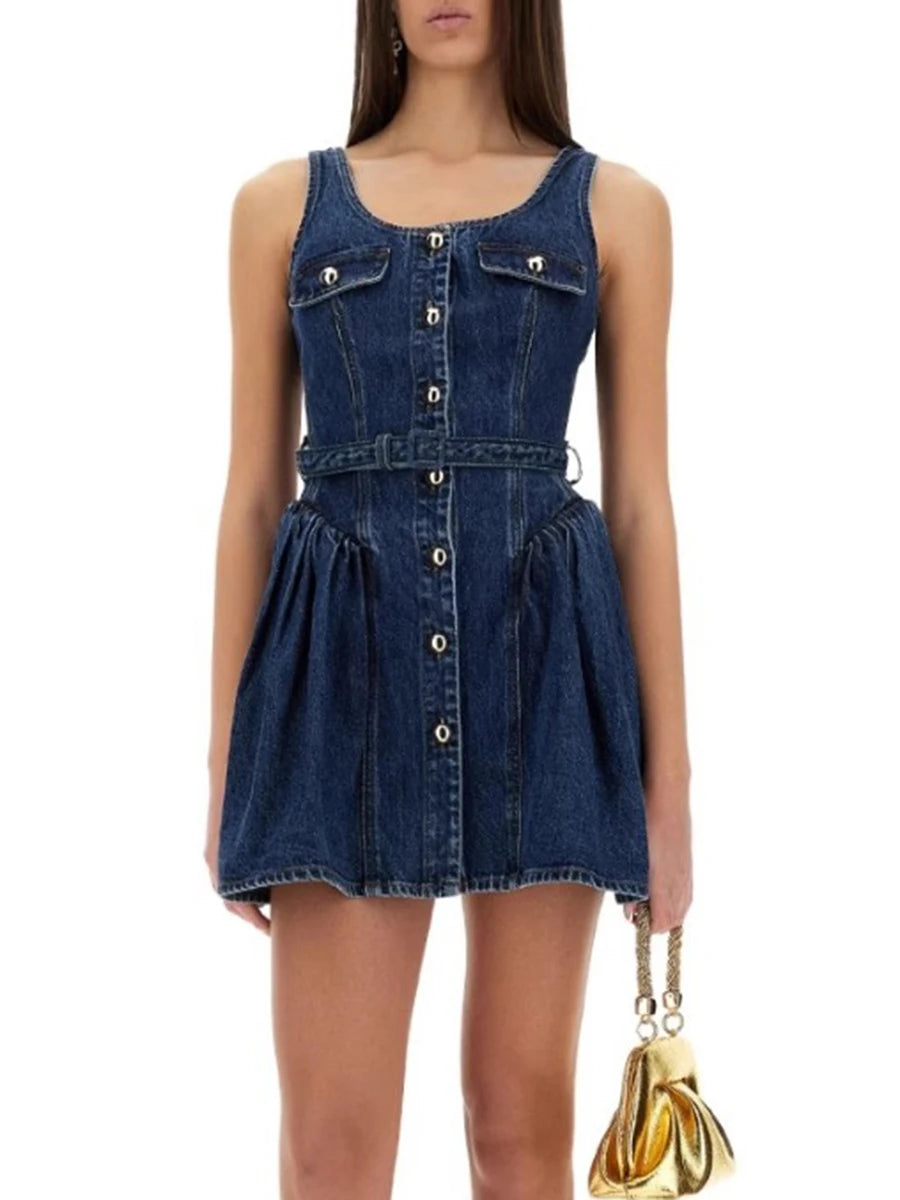 Solid Spliced Button Chic Dresses For Women Square Neck Sleeveless High Waist Temperament Slimming Dress Female New