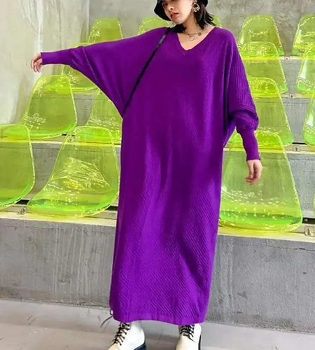 Women Purple Knitting Big Size Casual Long Sweater Dress New V-Neck Long Sleeve Fashion Tide Spring Autumn 2025 1DH7780