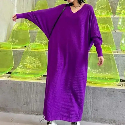 Load image into Gallery viewer, Women Purple Knitting Big Size Casual Long Sweater Dress New V-Neck Long Sleeve Fashion Tide Spring Autumn 2025 1DH7780
