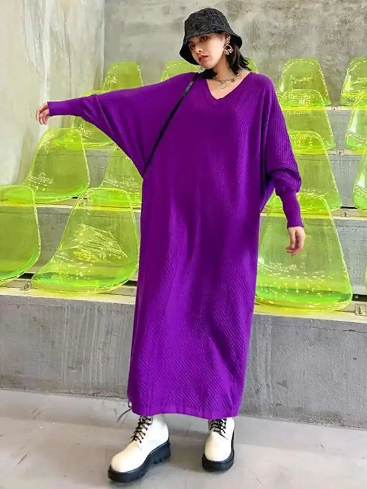 Women Purple Knitting Big Size Casual Long Sweater Dress New V-Neck Long Sleeve Fashion Tide Spring Autumn 2025 1DH7780