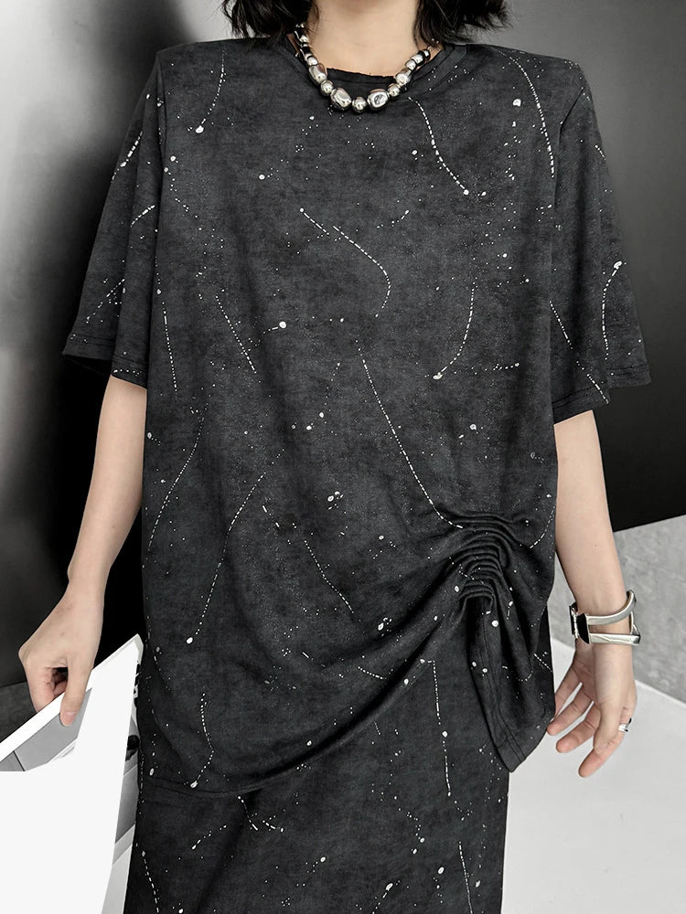 Printed Pleated T-shirt Skirt Two Pieces Suit New Round Neck Short Sleeve Women Fashion Tide Spring Summer 2025 1DJ1161