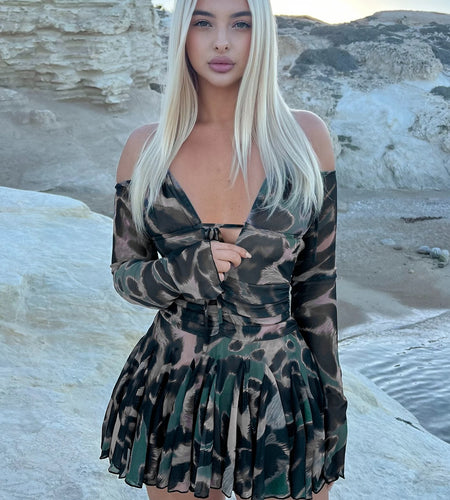 Leopard Print Halter Long Sleeve Lace Up Pleated Sexy Slim Mini Dress Women Fashion Y2K Clothes Streetwear Vacation