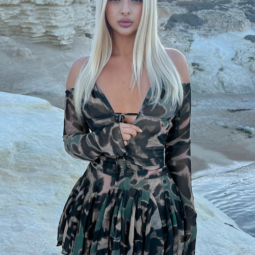 Load image into Gallery viewer, Leopard Print Halter Long Sleeve Lace Up Pleated Sexy Slim Mini Dress Women Fashion Y2K Clothes Streetwear Vacation
