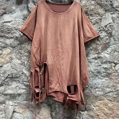 Load image into Gallery viewer, Women Orange Red Holes Big Size Casual Long T-shirt New Round Neck Half Sleeve Fashion Tide Spring Autumn 2025 1DJ0279
