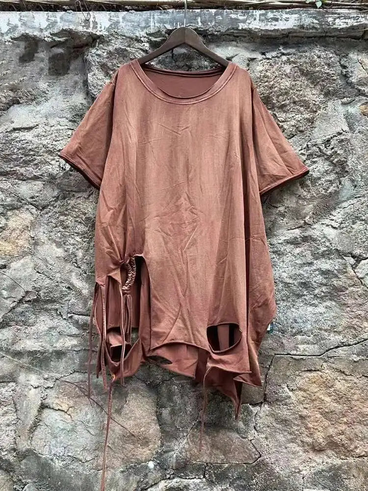 Women Orange Red Holes Big Size Casual Long T-shirt New Round Neck Half Sleeve Fashion Tide Spring Autumn 2025 1DJ0279