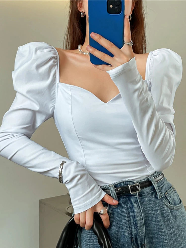 Slim Minimalist Shirt For Women Square Collar Long Sleeve Solid Blouses Female Spring Clothing Style Fashion