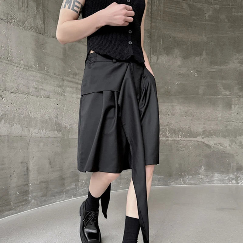 Men's Shorts Summer Dark Style Irregular Ribbon Wide Leg Niche Design Casual Trendy Versatile Male Loose Pants 9C5910