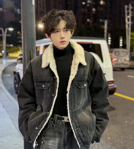 Cowboy Men's Cotton Jacket Lapel Lamb Wool 2024 Winter Single Breasted High Street Thickened Short Zipper Male Coats 9C8705