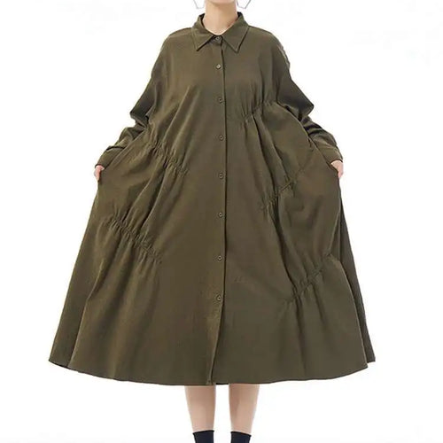 Load image into Gallery viewer, Women Coffee Pleated Spliced Big Size Midi Shirt Dress New Lapel Long Sleeve Fashion Tide Spring Autumn 2025 1DH7416
