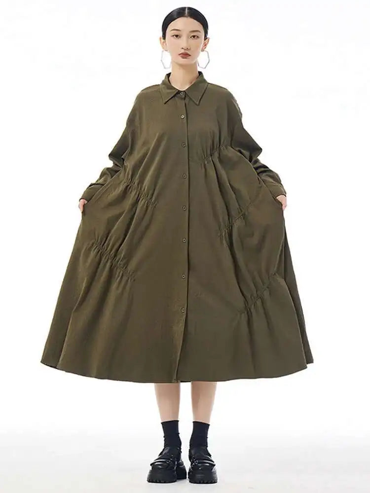 Women Coffee Pleated Spliced Big Size Midi Shirt Dress New Lapel Long Sleeve Fashion Tide Spring Autumn 2025 1DH7416