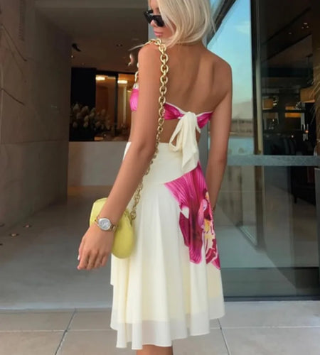 Floral Print Sexy Midi Dress Women Gown Summer New Strapless Off-shoulder Sleeveless Backless Irregular Ruffle Dress