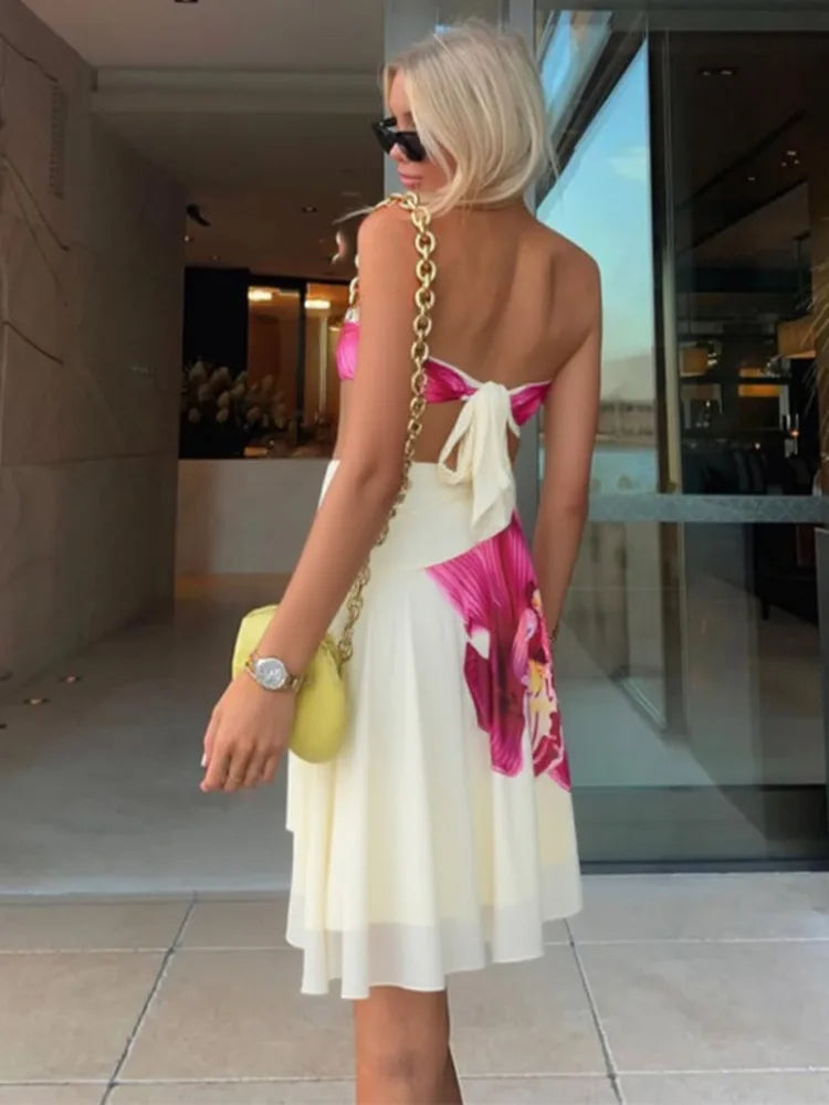 Floral Print Sexy Midi Dress Women Gown Summer New Strapless Off-shoulder Sleeveless Backless Irregular Ruffle Dress